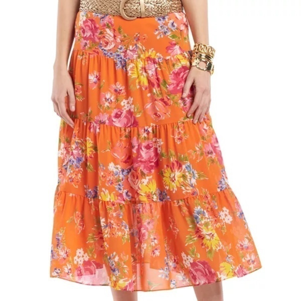 CHAPS - Floral Flowy Tiered Midi Skirt XS